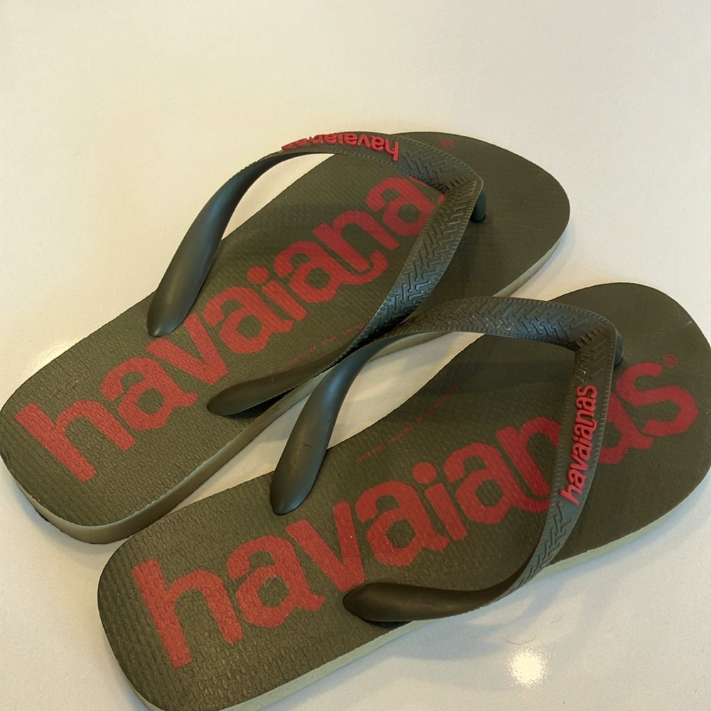 Havaianas Olive Green Flip Flops with Pink Lettering